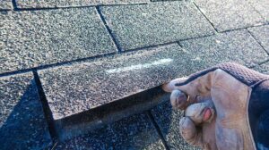 Homeowner inspecting roof shingles and gutters from the ground after seasonal weather.