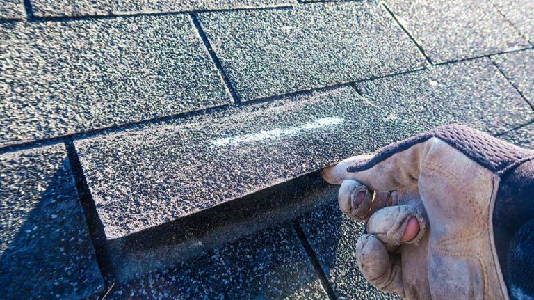 Homeowner inspecting roof shingles and gutters from the ground after seasonal weather.