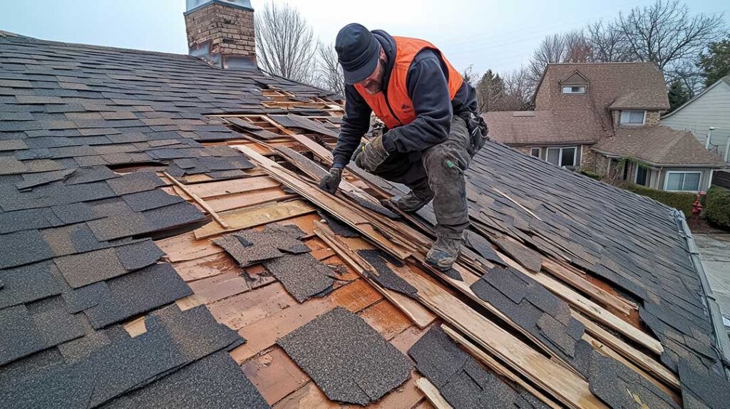 Homeowner examining attic rafters with a flashlight beneath a shingled roof.