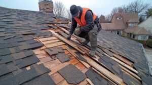 Homeowner examining attic rafters with a flashlight beneath a shingled roof.